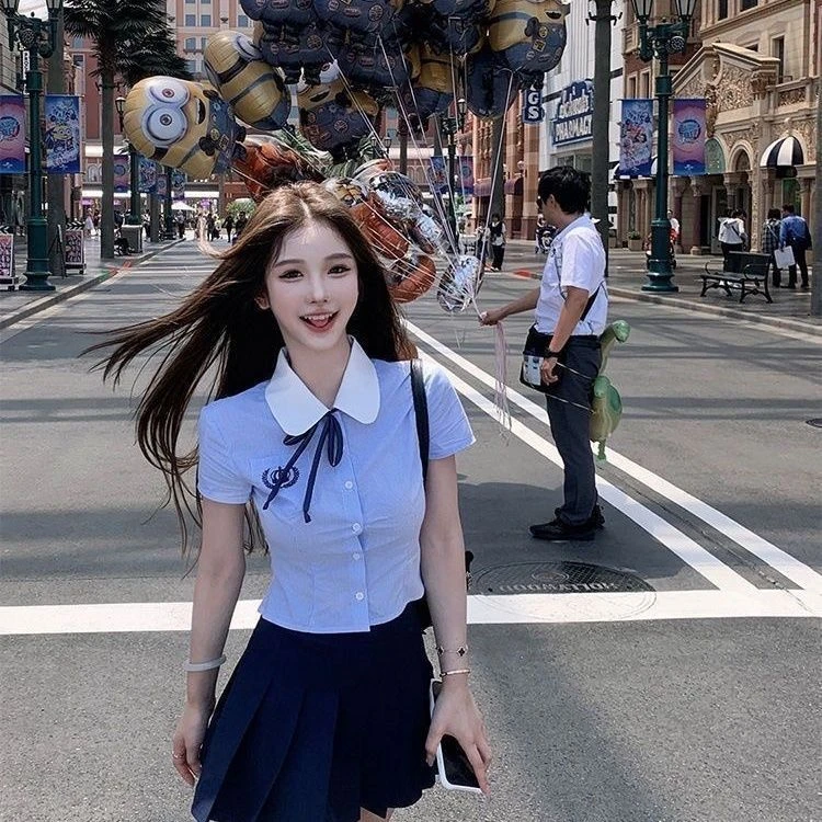 JMSHOP 樱岛学姐 蓝色学院风衬衫百褶裙jk套装女夏季高级感两件套