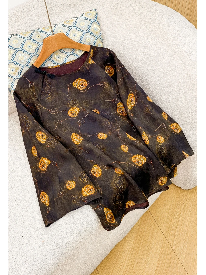 081新中式铜钱花小上衣新款廓形中长袖小衫