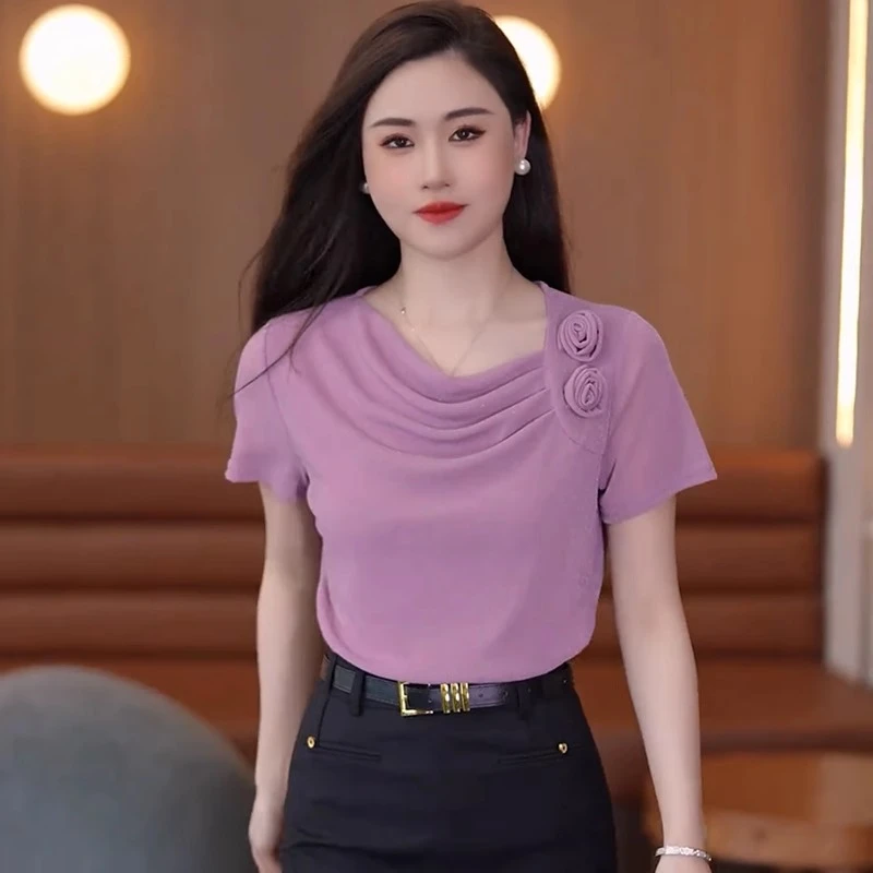 2025夏季新款时尚荡领花朵网纱短袖T恤女装气质百搭修身显瘦上衣