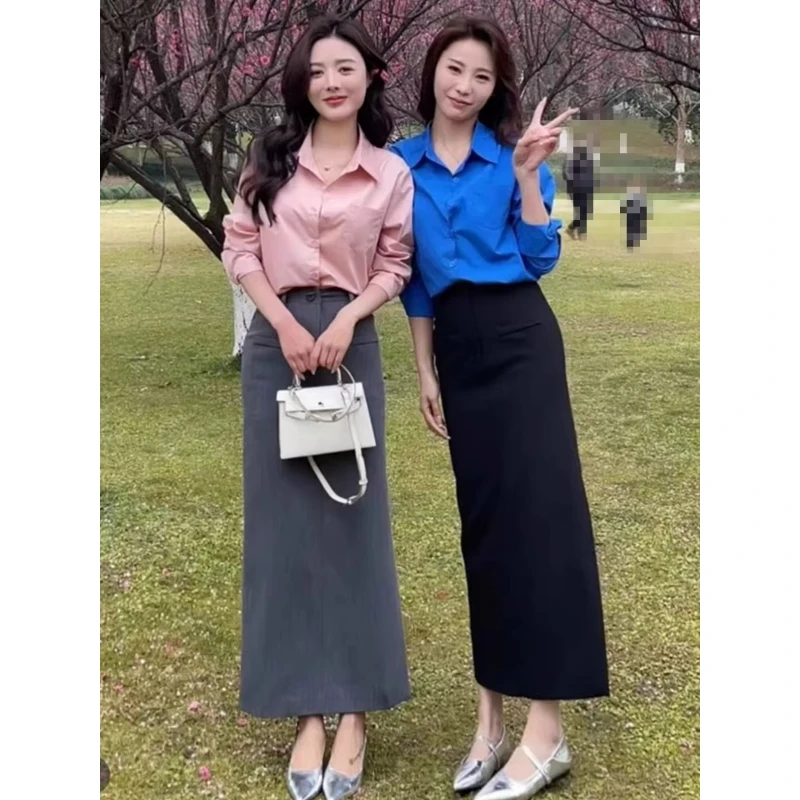 拉夏贝尔穿搭休闲减龄套装女2025秋季时尚长袖衬衫半身长裙两件套