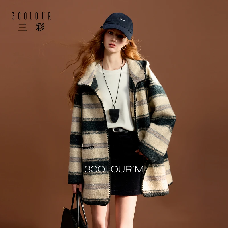 【匠心大衣】三彩2025秋冬季新款学院风连帽条纹毛呢外套呢子女M