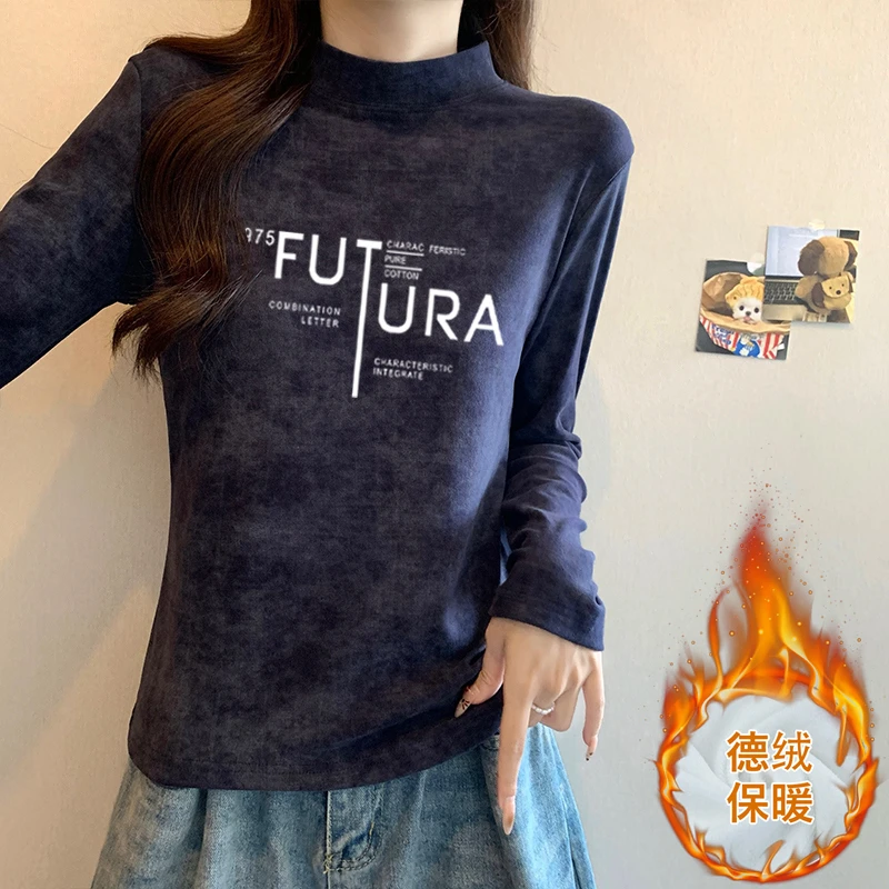 美式扎染半高领德绒磨毛正肩长袖t恤女百搭内搭打底衫上衣秋冬季
