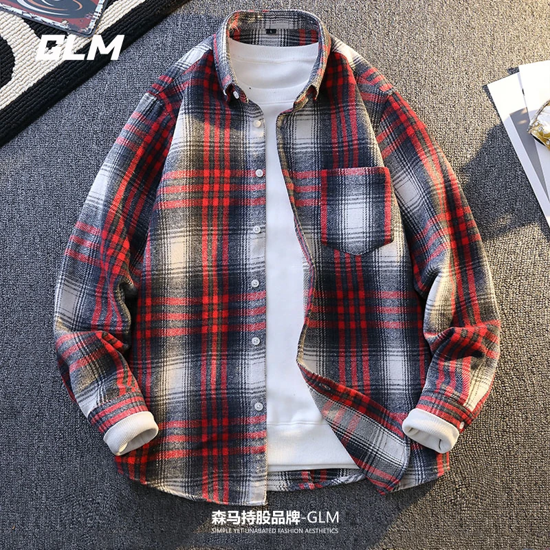 GLM日系复古格子长袖衬衫男春秋季潮牌青少年休闲百搭衬衣外套