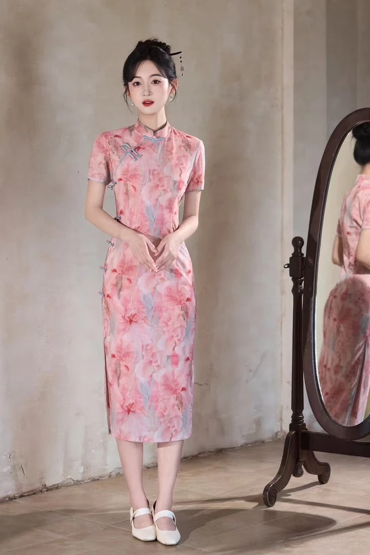 云【倾城梦】小个子中长款爆款月影纱透气气质优雅修身旗袍长(110)