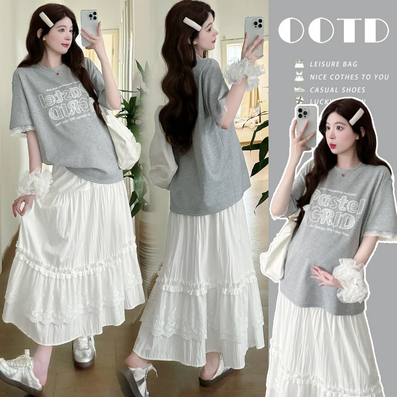时髦孕妇装新款2025夏季新蕾丝边拼接刺绣宽松灰色T恤+半身裙套装