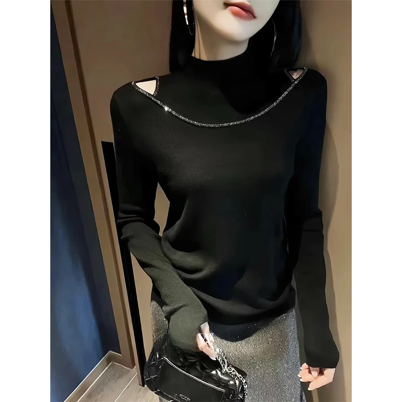 半高领双肩镂空烫钻镶边长袖针织衫女秋冬别致保暖显瘦打底衫0410