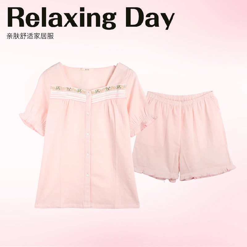 阪织屋亲肤人棉波点碎花短袖短裤套头家居服套装