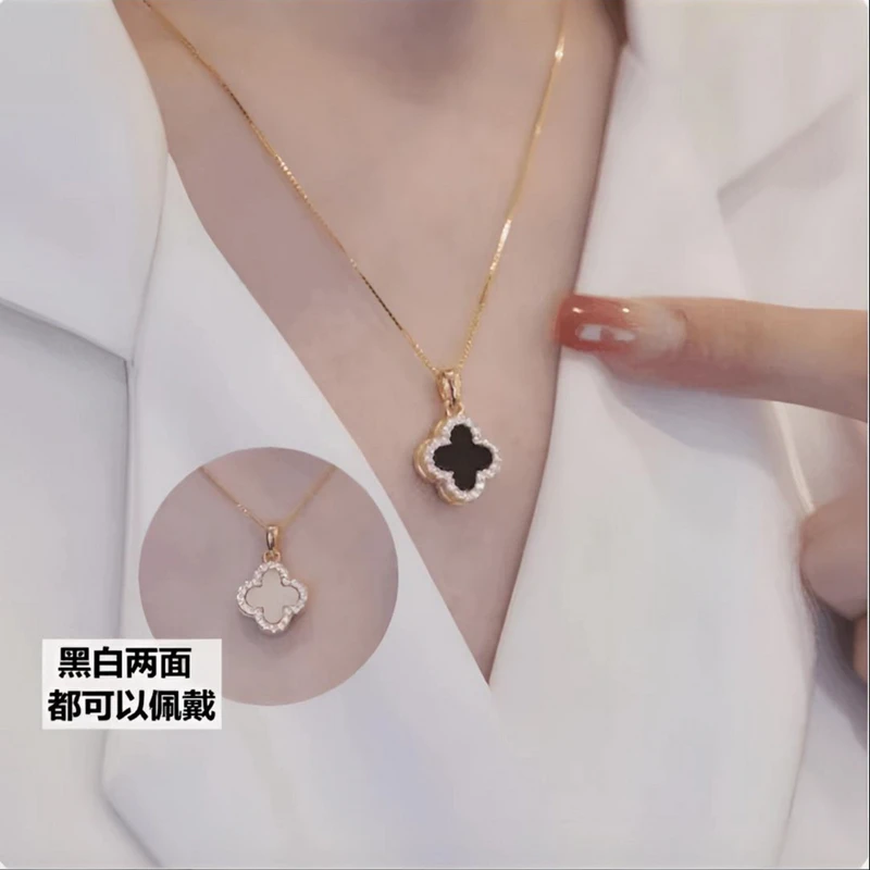 钛钢项链 双面四叶草项链女满钻小众设计感两面简约气质轻奢坠链
