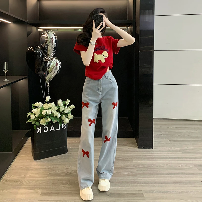 夏季2025新款洋气减龄红色短袖T恤女俏皮可爱活泼卡通牛仔裤套装