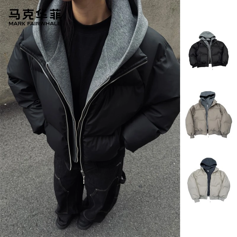 马克华菲男士冬季保暖短款PU皮连帽棉衣立领宽松加厚时尚休闲棉服