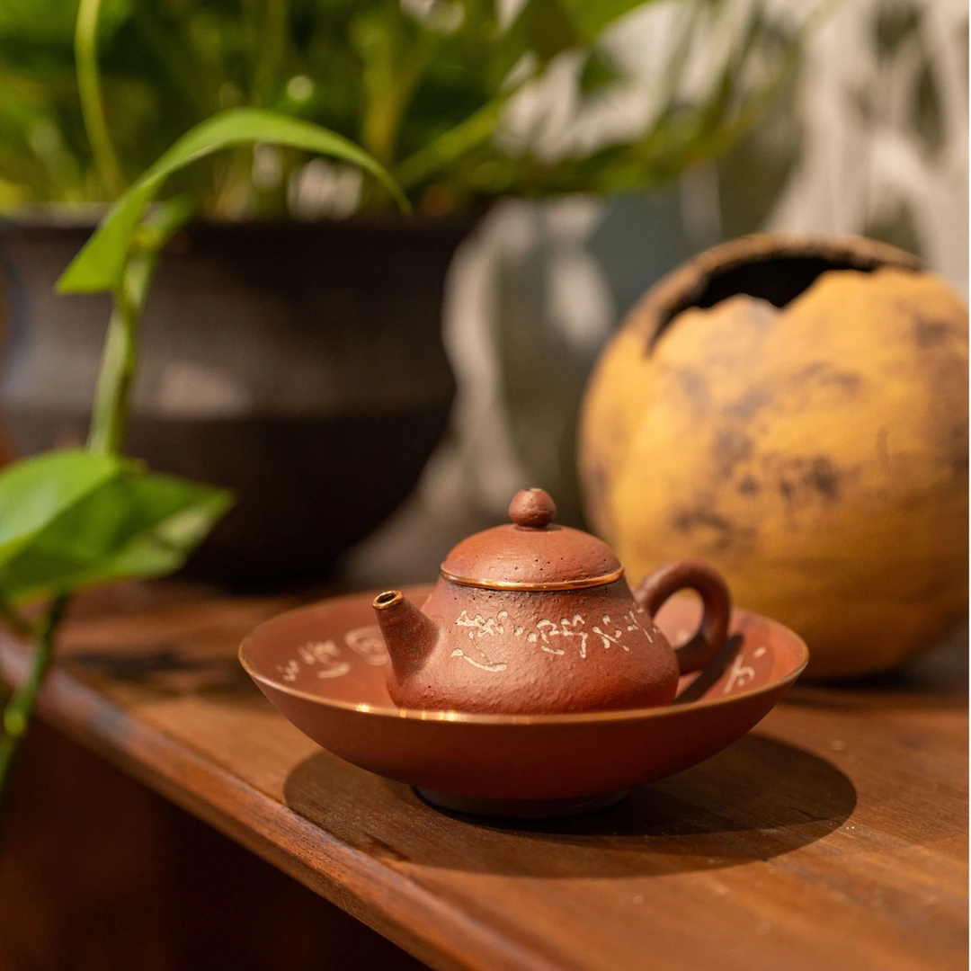 仟户烧陶艺手工刻字陶艺执把泡茶壶复古侘寂茶席道具银边包边