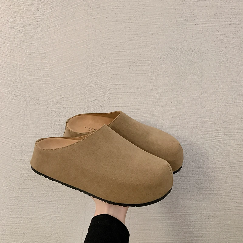 鞋女春秋一脚蹬小个子女款懒人包头半拖鞋外穿增高全包软木博肯鞋