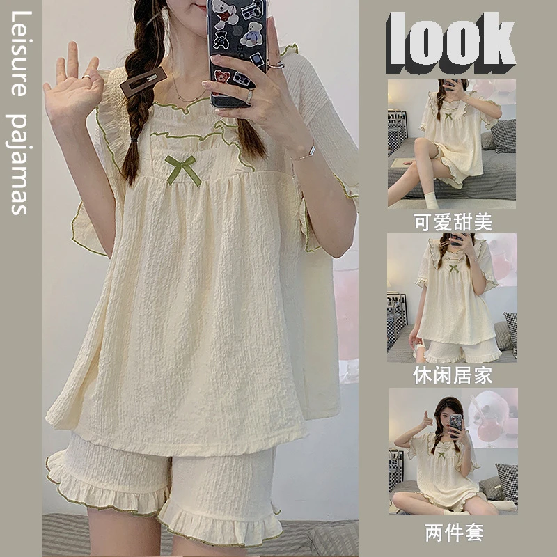 睡衣女士夏季短袖日系少女纯色透气简约大码泡泡棉外贸家居服