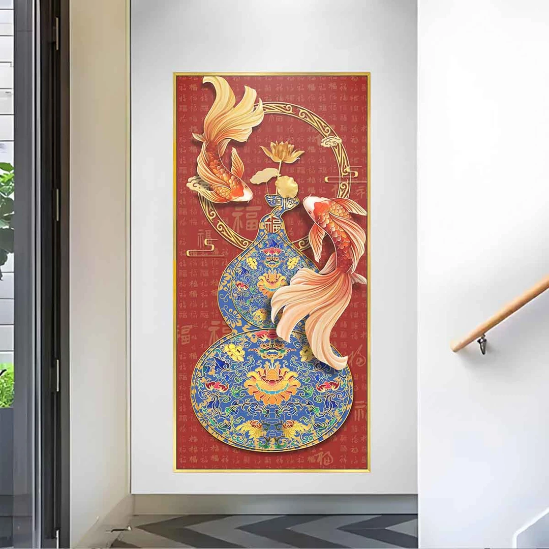 网红入户正对门玄关锦鲤葫芦天官赐福中式走廊过道福禄装饰画c094