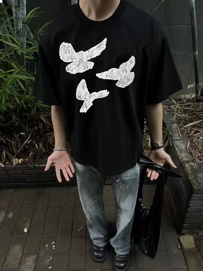 买手店 黑色印花蕾丝发泡和平鸽短袖t恤男女宽松潮流上衣