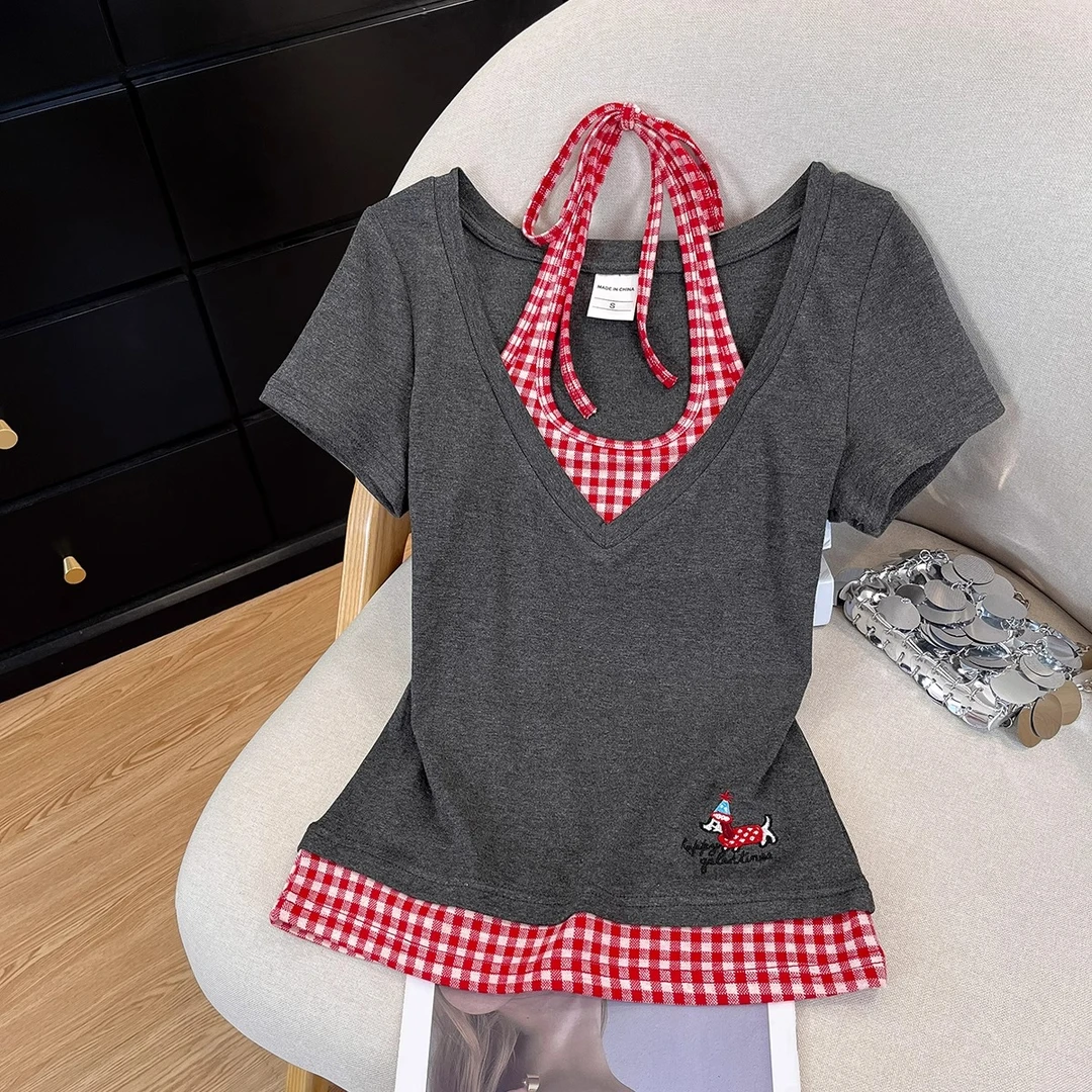 夏季新款爆款气质百搭格子拼接假两件正肩短袖t恤女挂脖小上衣