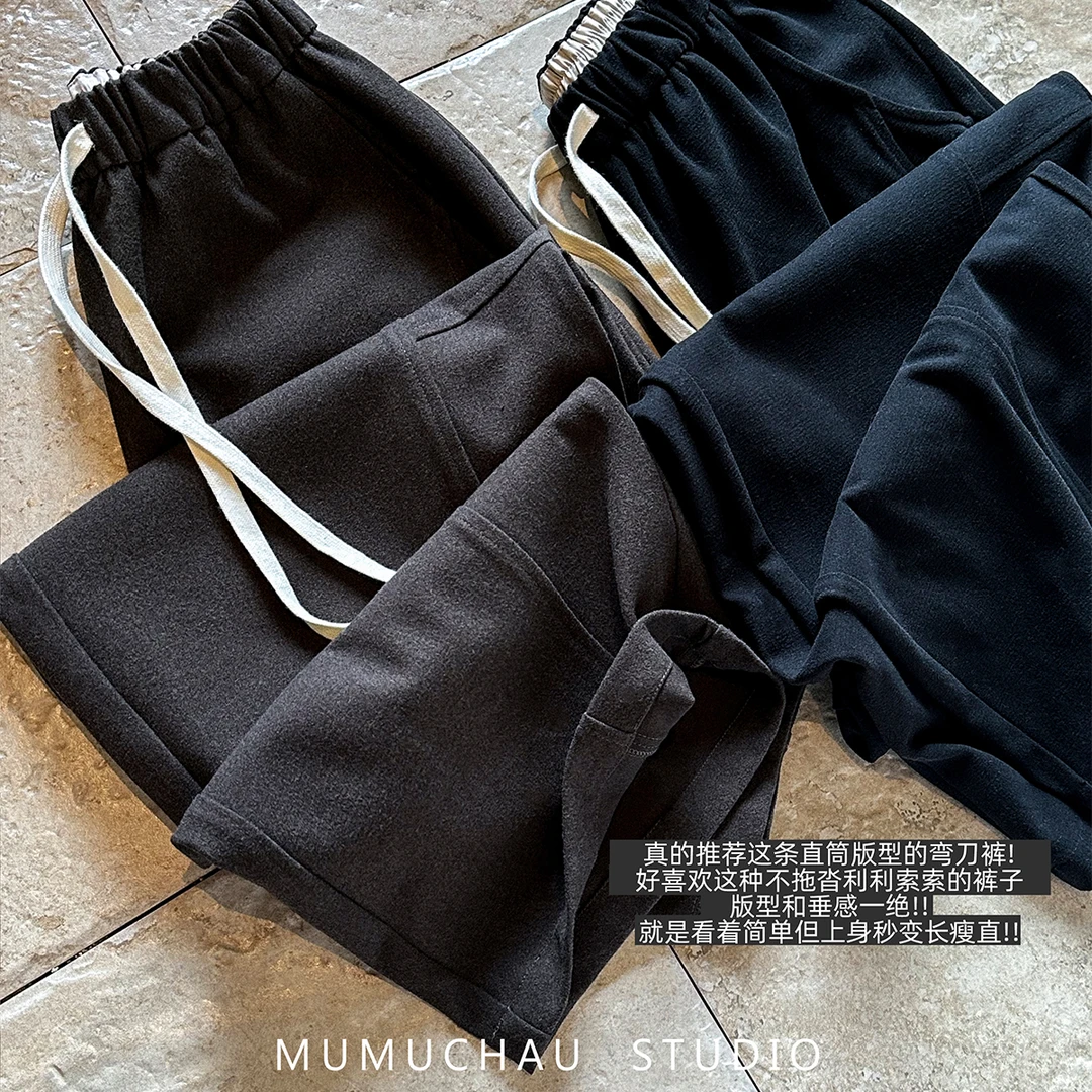 现货「MUMU CHAU」【缪系奢咖】女秋松紧腰裤宽松弯刀呢子裤LQ58116