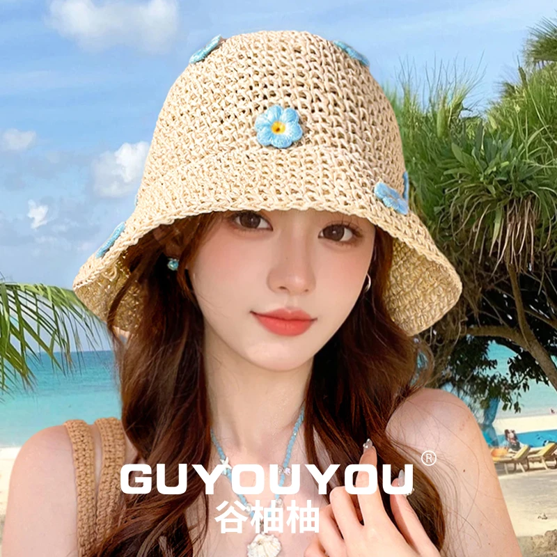 沙滩防晒草帽子女2025新款夏季海边度假编织遮阳大头围镂空渔夫帽