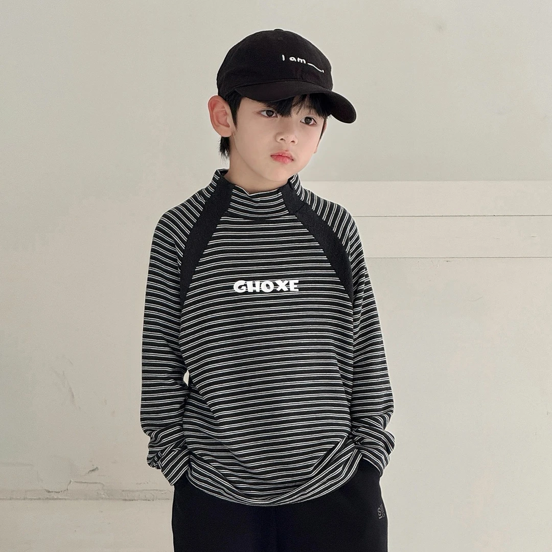 男童打底衫内搭2025新款长袖冬季德绒条纹半高领上衣大童冬装