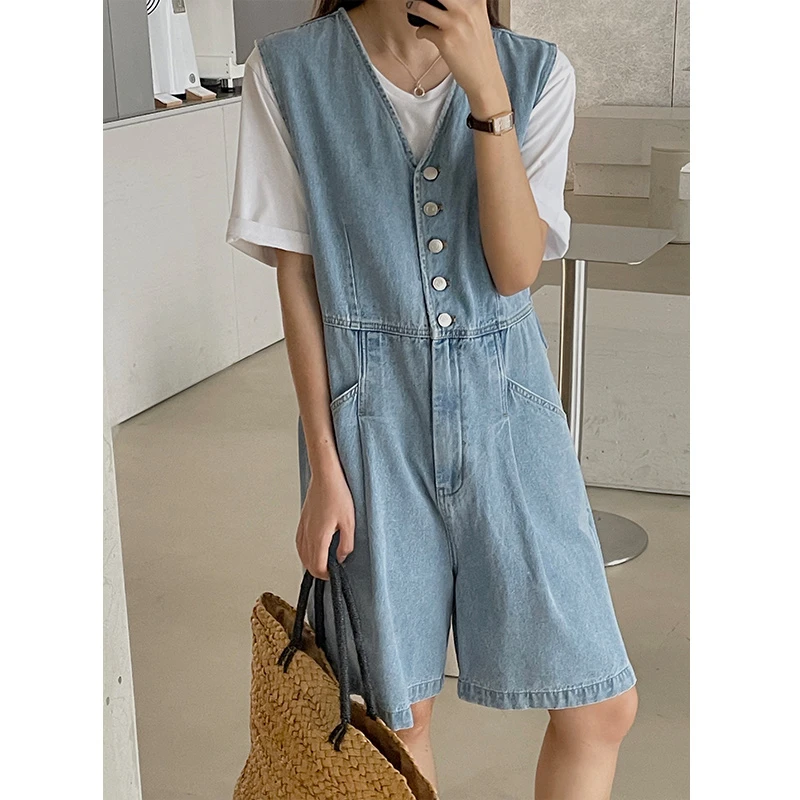 2025S/S韩版薄款小个子高腰时尚休闲夏季阔腿宽松牛仔连体裤36366