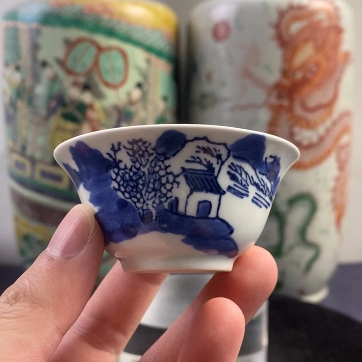 杯子陶6602瓷器—青花山水人物杯
