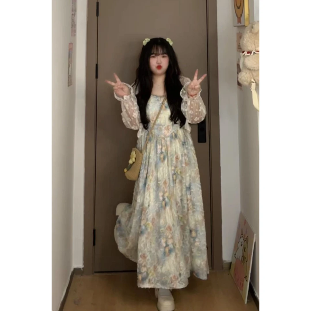 法式连衣裙连衣裙女夏季碎花拼接设计吊带裙高腰显瘦长裙6376