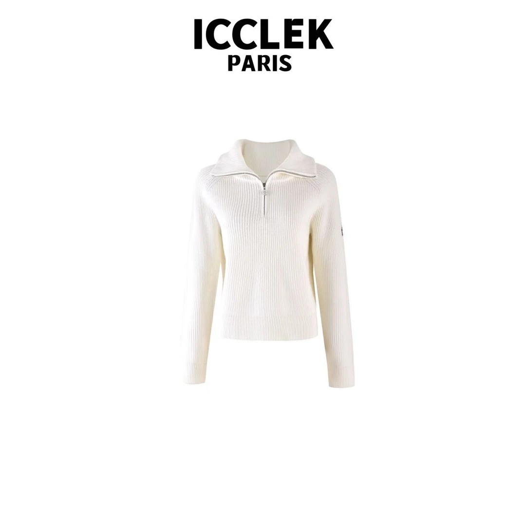 ICCLEK 白色翻领长袖针织衫 气质 轻奢 名媛 -5112