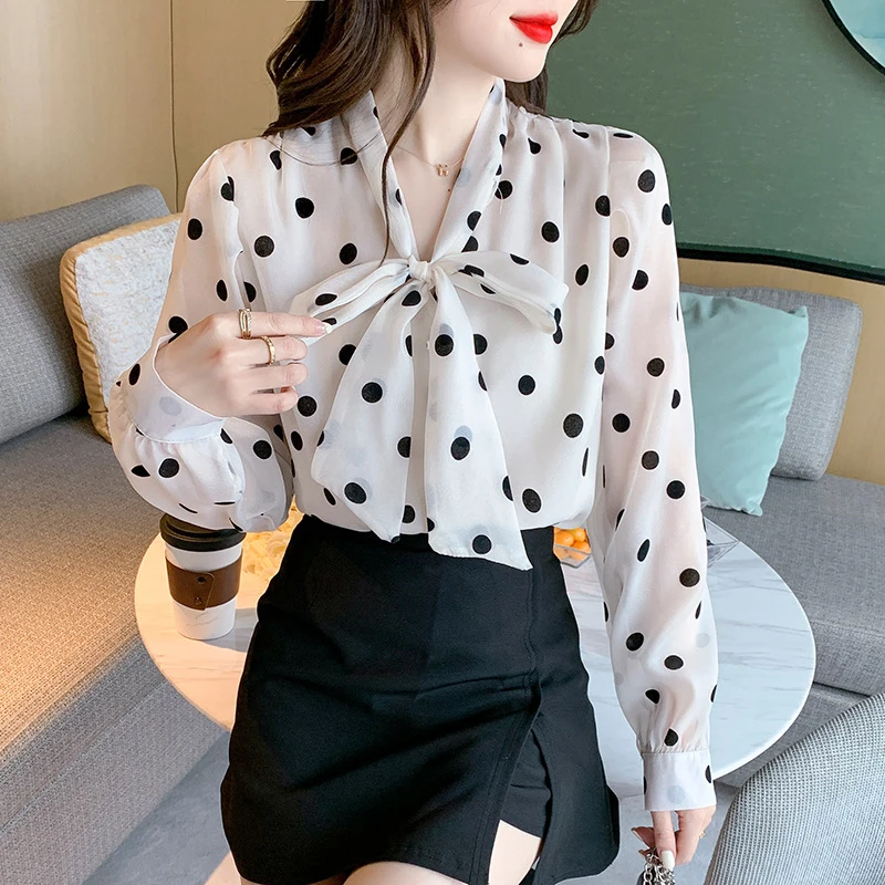 蝴蝶结波点雪纺衬衫女新款2024年小众春装洋气时尚上衣别致感衬衣