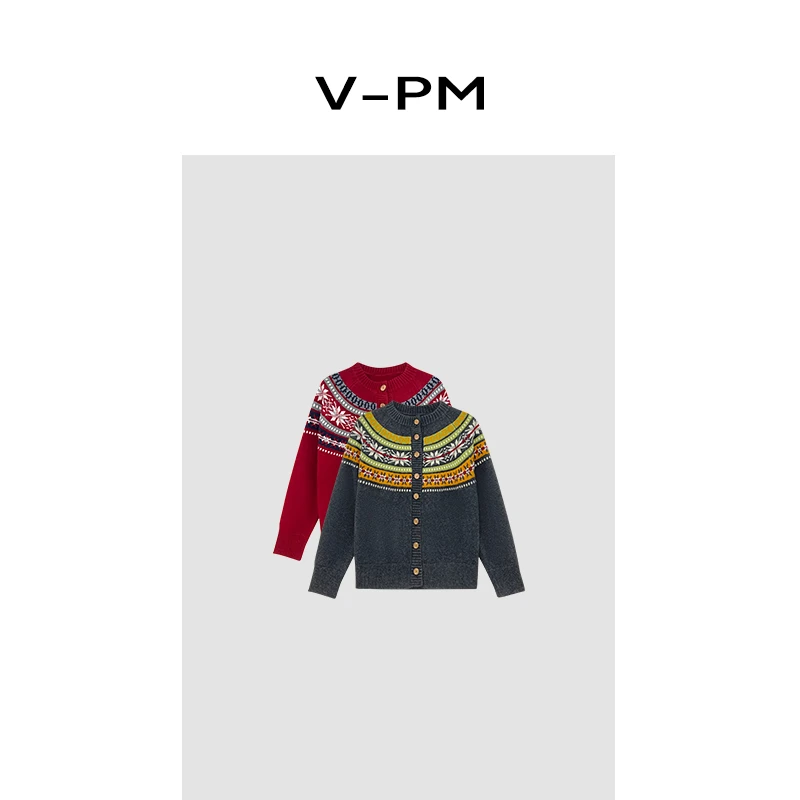 【VPM】费尔岛针织开衫时尚长袖秋冬毛衣针织衫女拼色开衫 1878