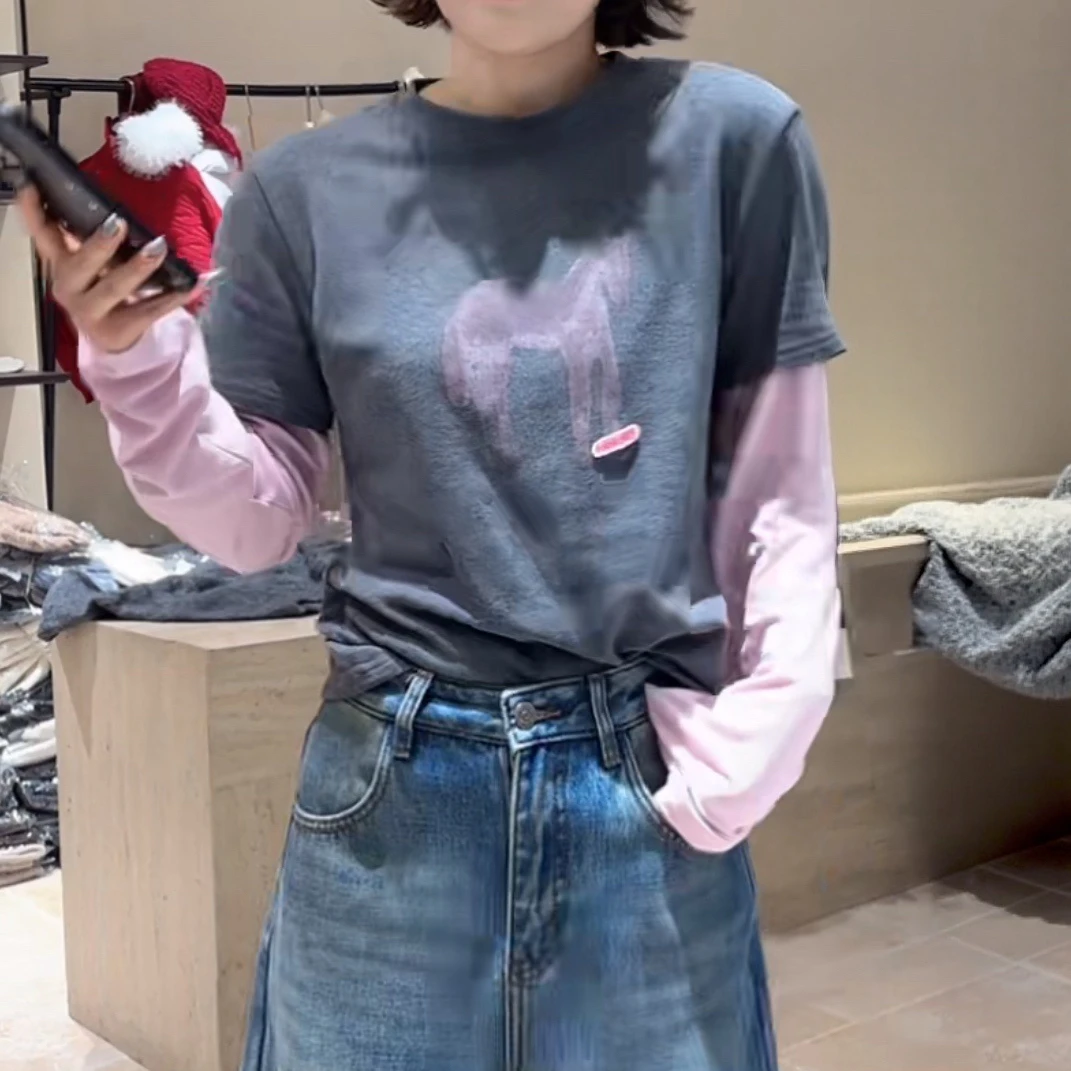 韩版设计感动物图案假两件长袖T恤2026新款春季时尚休闲潮流上衣