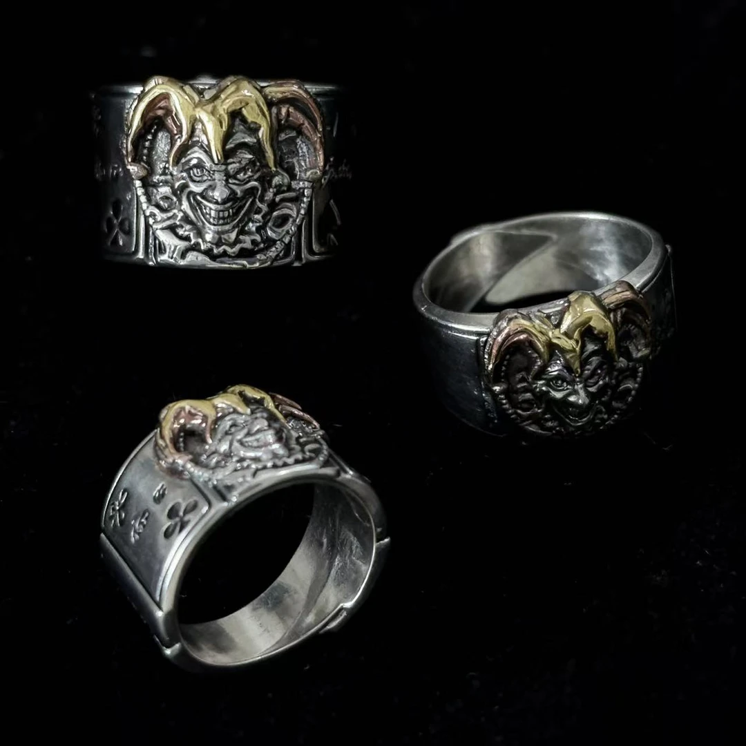 合金戒指 小丑梅花戒指玫瑰气质黑色十字紫锆戒指国潮风发字手工