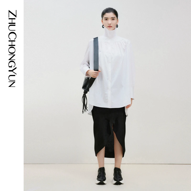 ZHUCHONGYUN2025春新款白色宽松翻领褶皱设计上衣衬衫C1FZ15089