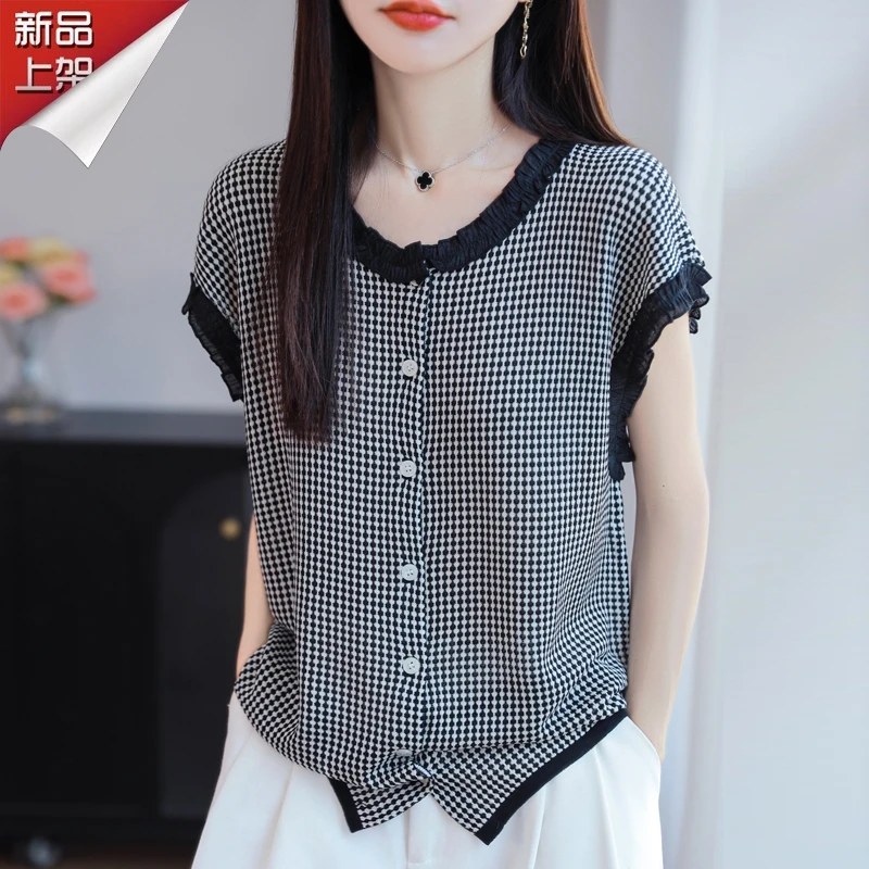 哥弟阿玛施正品夏季莱赛尔天丝木耳边小格子开衫短袖减龄休闲上衣