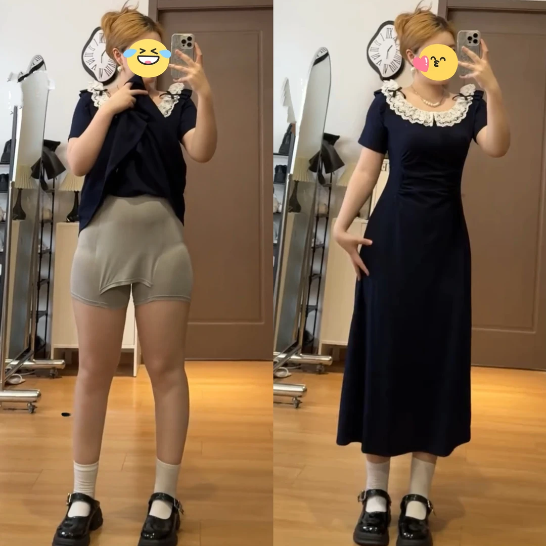 大码法式气质甜美连衣裙女夏季胖mm收腰独特别致短裙蕾丝拼接裙子