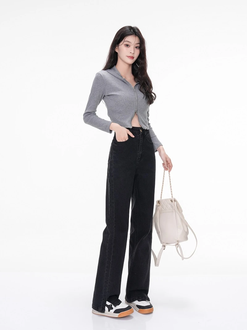 黑色微喇叭牛仔裤女2025春秋高腰修身显瘦小个子拖地开叉裤潮
