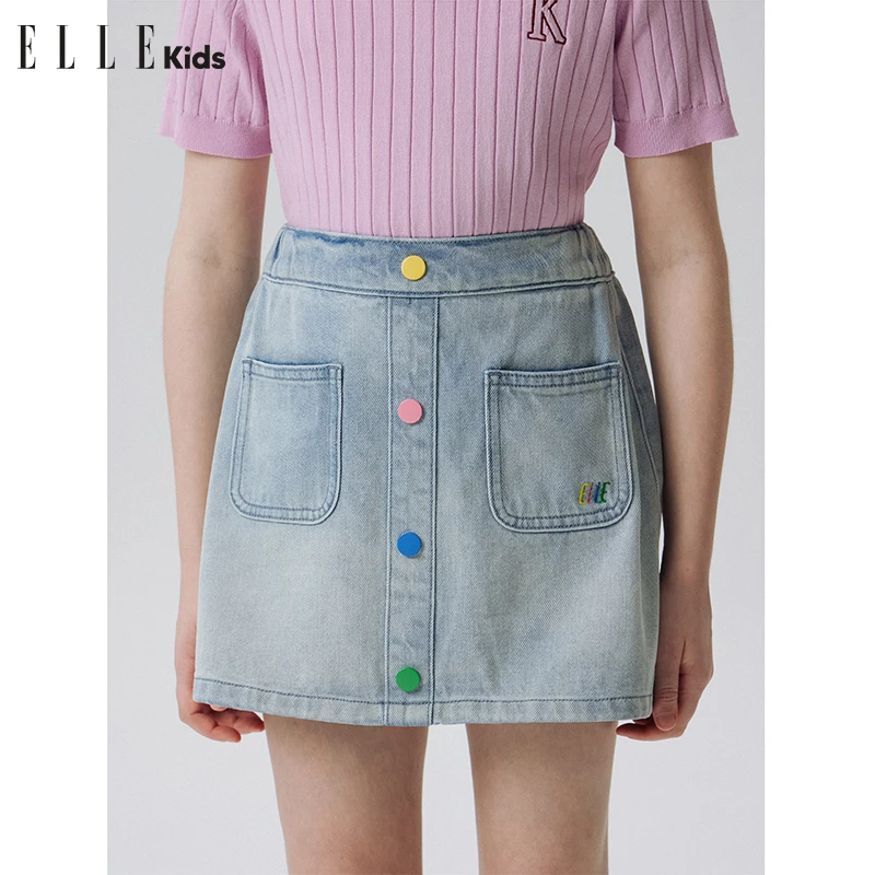 ELLE KIDS法式夏季全棉女童大童牛仔时尚甜美彩色绣花A字半裙zs3