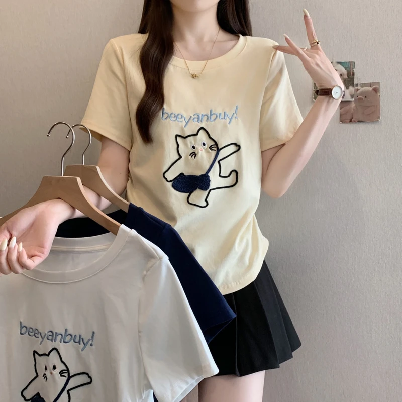 2025夏装新款胖mm大码卡通小猫刺绣短袖T恤褶皱收腰减龄遮肉上衣