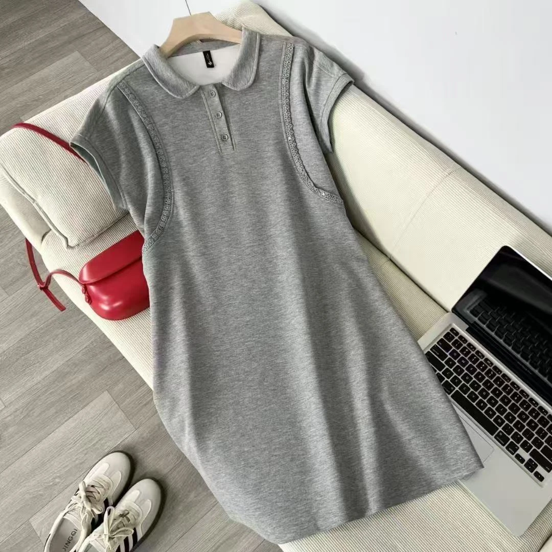 【Amy花猫】时尚洋气娃娃领短袖连衣裙夏季纯色洋气百搭设计感裙子