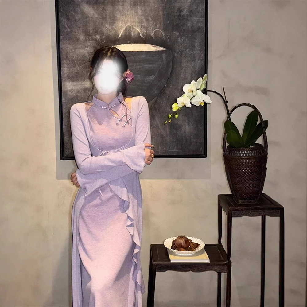 长款紫色新中式国风改良旗袍裙女秋季气质挂脖中式紫色改良旗袍裙