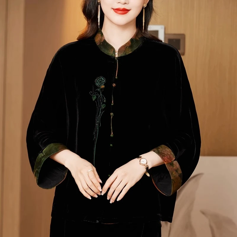 2025秋装高端阔太太长袖绣花外套短开衫真丝丝绒上衣女中老年女装
