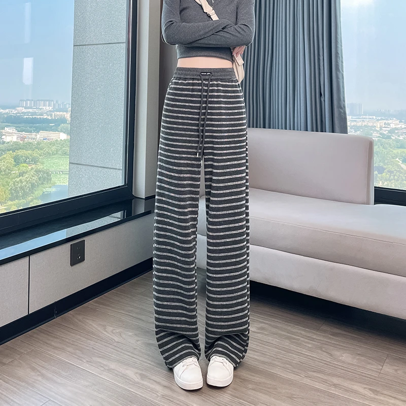 2025春秋古针织流行条纹窄版阔腿裤女松紧腰显瘦显高直筒休闲裤