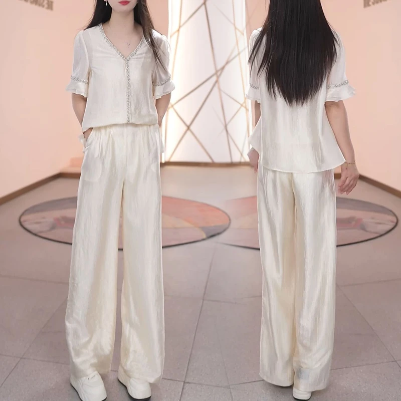 烫钻时尚洋气套装2025夏V领气质显瘦上衣遮肉松紧腰阔腿裤两件套