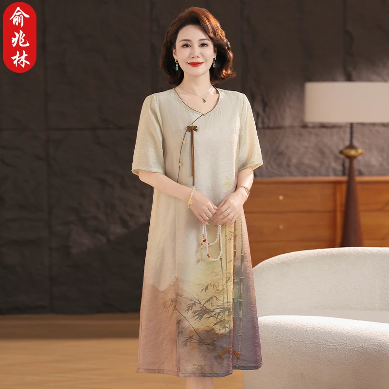 俞兆林妈妈夏装新中式连衣裙洋气雪纺长裙中老年女士国风裙子薄款