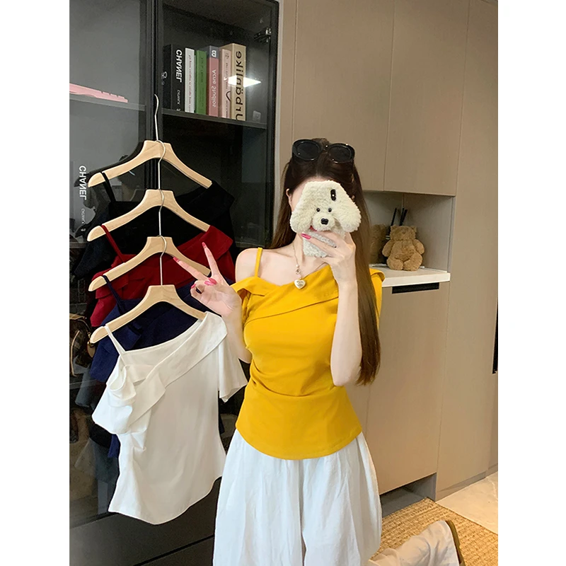 2025夏装新款胖mm大码女时尚纯欲风斜领吊带别致短袖T恤A1813