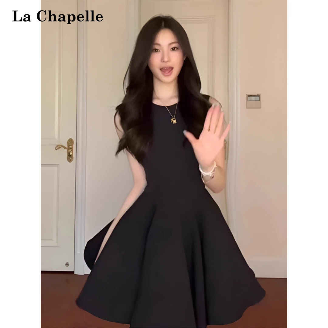 La Chapelle/拉夏贝尔立体裁剪气质无袖收腰连衣裙短款法式千金风