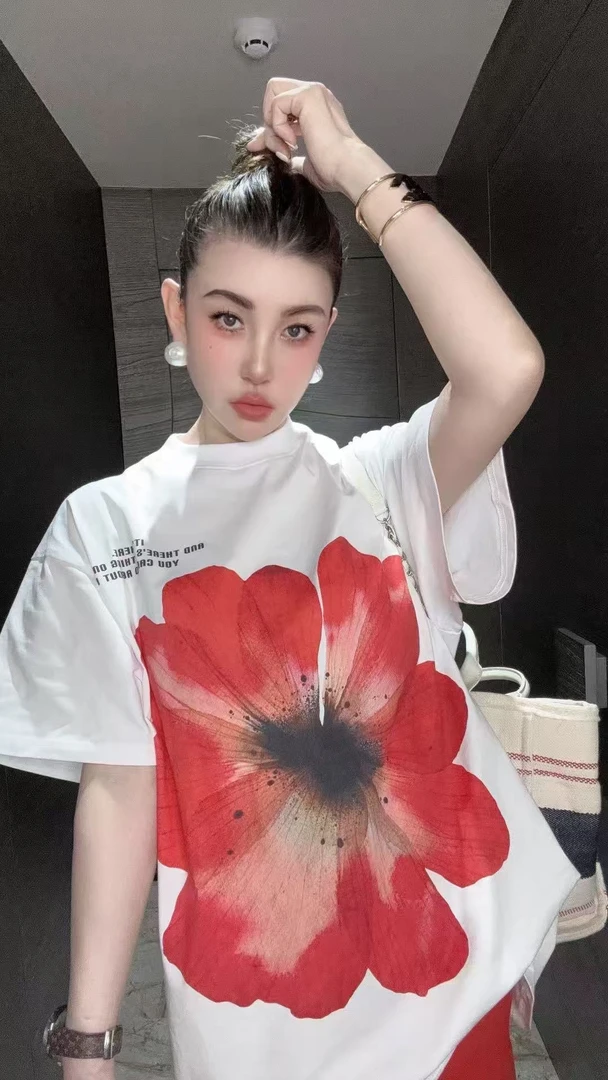 【HAV有钱花】 新款时髦百搭半高领字母花卉印花宽松短袖套头上衣