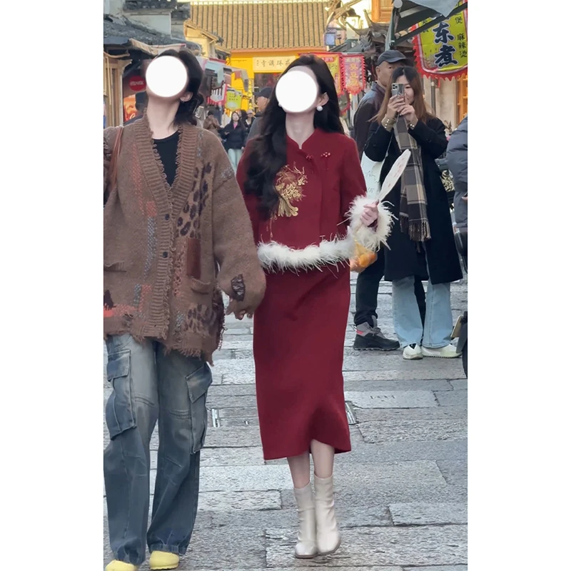 冬季新中式斜门襟凤凰棉服外套搭圣诞跨年高级感半身裙套装两件套