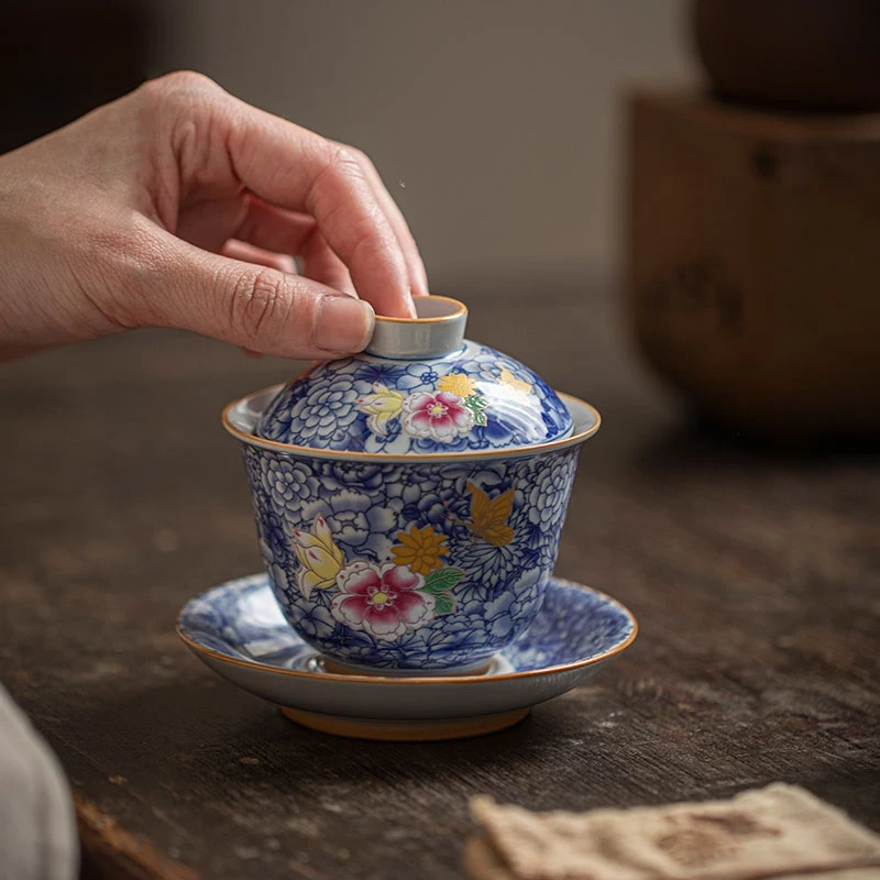 静霖 复古百花引蝶泡茶碗珐琅彩轻奢青花茶盖碗