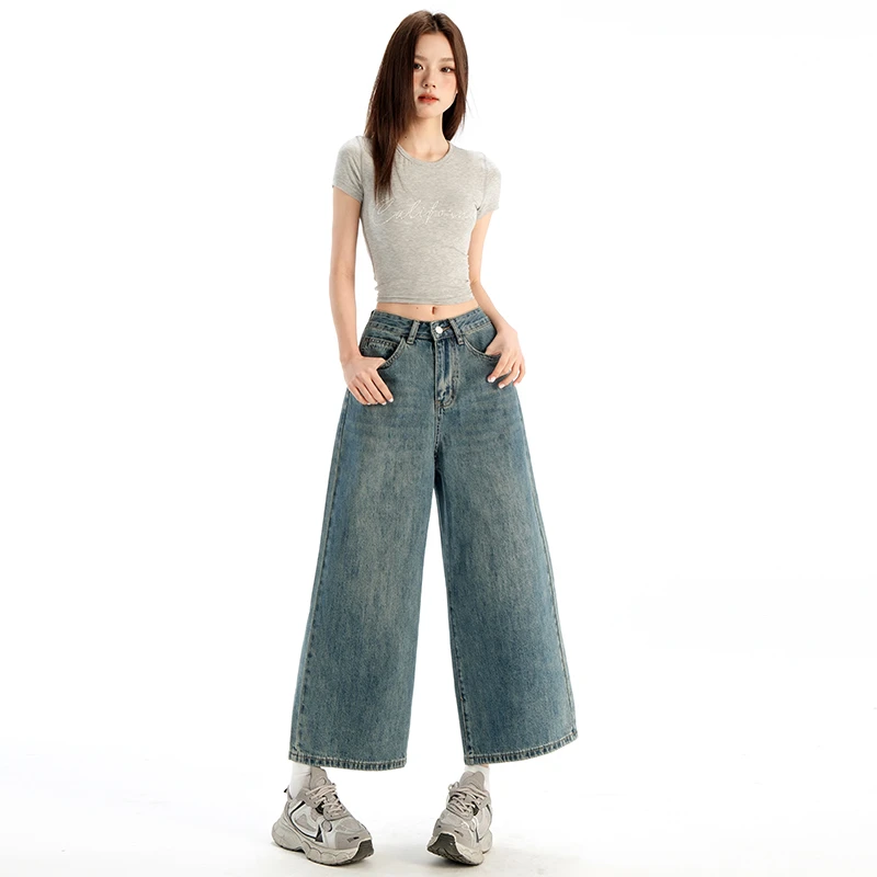棉田八分裤蓝色牛仔裤女夏季2025年新款宽松设计感显瘦高腰阔腿裤
