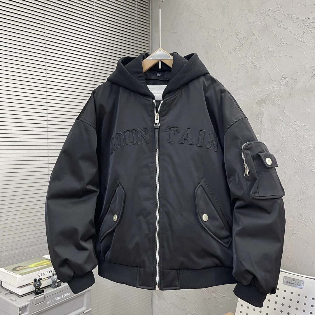 冬季新款男士羽绒服保暖外套潮牌宽松休闲绣花可拆帽白鸭绒飞行服